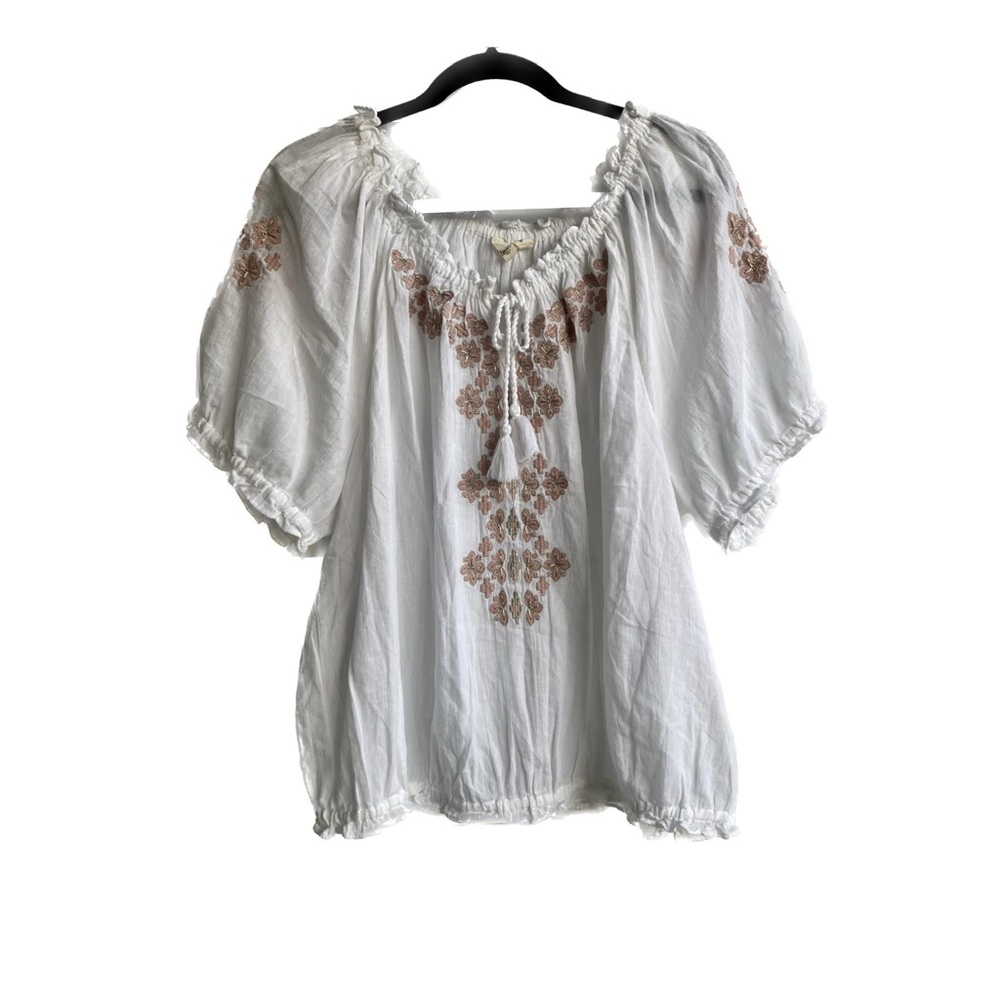 Lucky Brand White Peasant Blouse with Brown Floral Embroidery